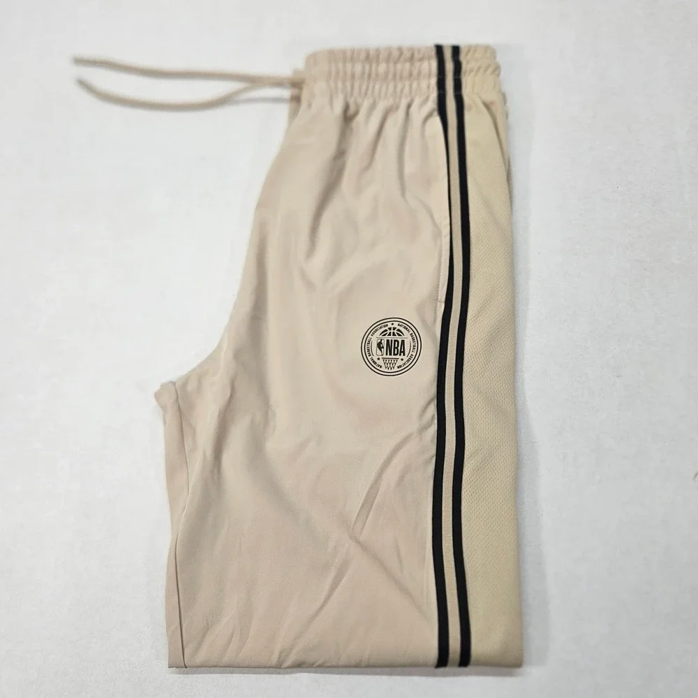 NBA Men's Beige Track Jogger Pants Logo Side Stripes‎ Size Small Zip Ankle Cuff